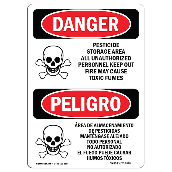 Safety Sign, OSHA Danger, 5" Height, Pesticide Storage Area Bilingual Spanish, 10PK